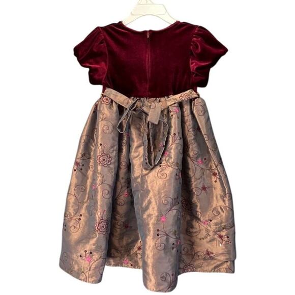 3T Girls Toddlers Redvine Velvet  Light Shimmer Brown Floral Embroidery Holiday - Picture 2 of 6